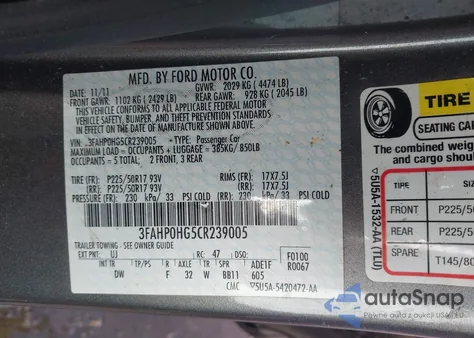 2012 Ford Fusion Se z USA, uszkodzony, nr VIN 3FAHP0HG5CR239005